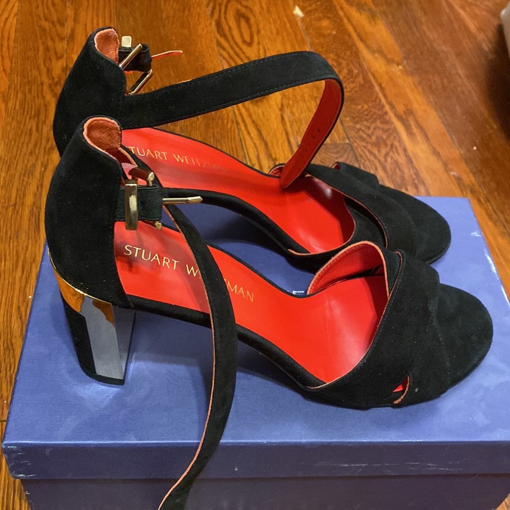 Stuart Weitzman Black Suede Crisscross Block Heel Sandals with Red Insole - Picture 2 of 5